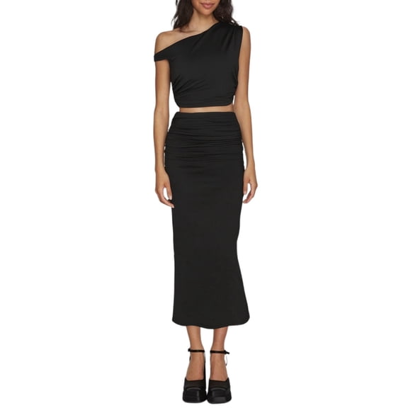 SRZYMJ Skirt Sets Women 2 Piece Outfits Midi Dresses for Curvy Women One Shoulder Dress With Midi Skirt And Belt