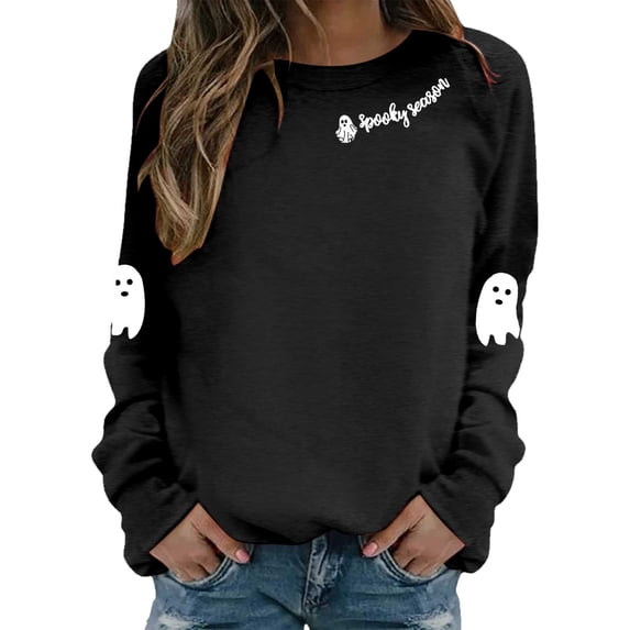 SRZYMJ Spooky Season Sweatshirt for Women Halloween Sweatshirt Ghost Fall Long Sleeve Embroidered Pullover Tops