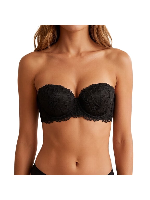 Strapless Push Up Bra Lace Heavily Padded Balconette with Clear Straps
