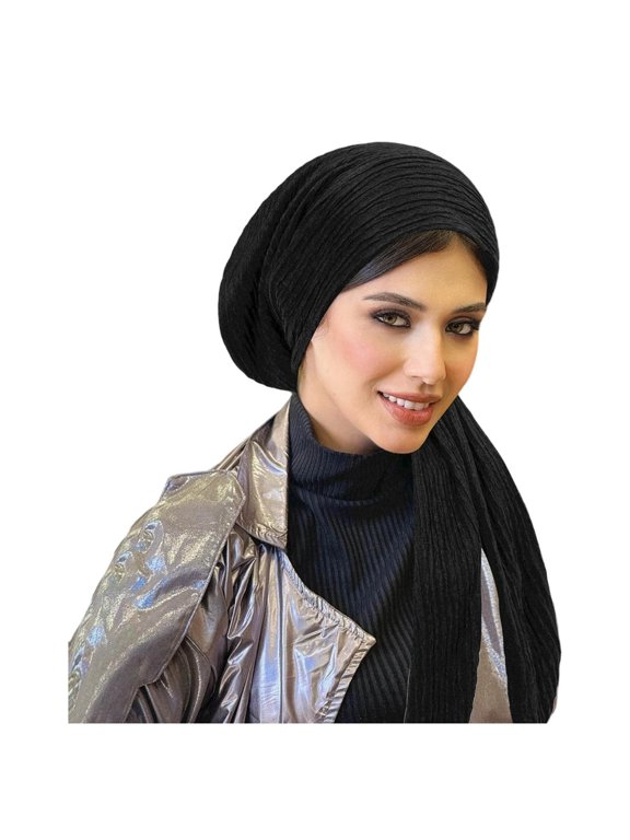 Stretch Headscarf Fashion Turban Hat Elastic Long Tail Cover Texture Hijab Cap