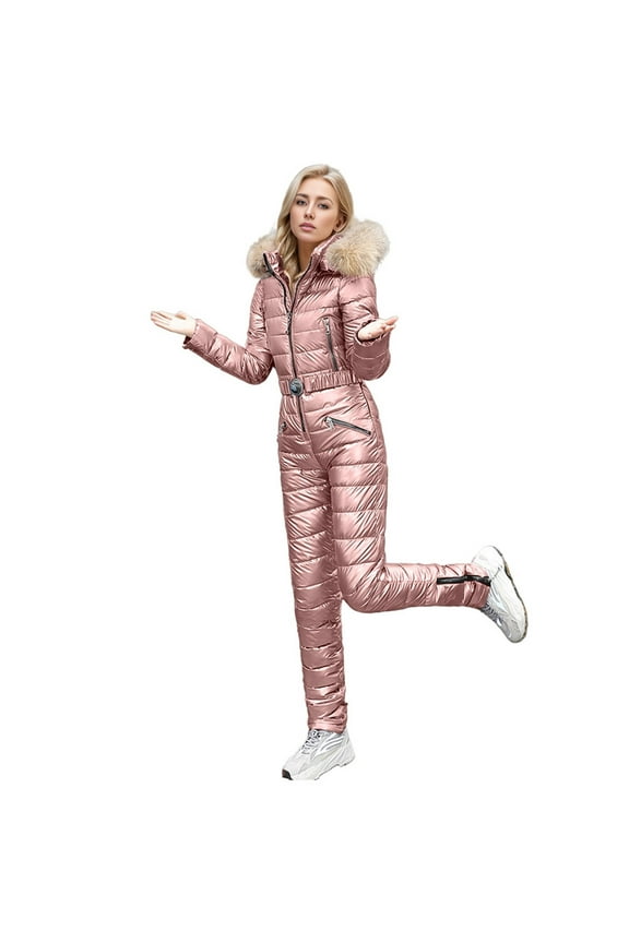 Vintage Women's Jumpsuit Stylish Winter Thermal Jumpsuit for Women with Large Collar and Padded Insulation Full Body Ski Suit for Cold Weather