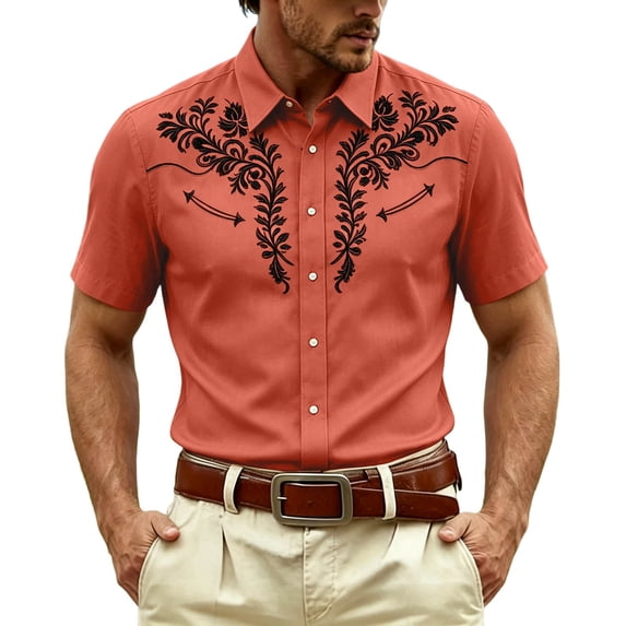 SRZYMJ Western Shirts for Men Cowboy Pearl Snap Short Sleeve Embroidered Country Shirts Casual Work Slim Fit Button Down Outfits