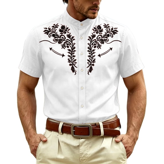 SRZYMJ Western Shirts for Men Cowboy Pearl Snap Short Sleeve Embroidered Country Shirts Casual Work Slim Fit Button Down Outfits