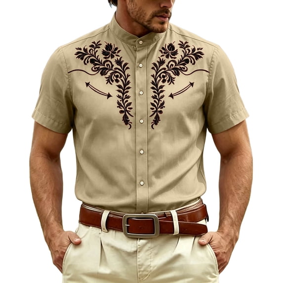 SRZYMJ Western Shirts for Men Cowboy Pearl Snap Short Sleeve Embroidered Country Shirts Casual Work Slim Fit Button Down Outfits