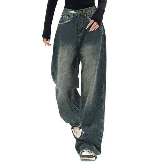SRZYMJ Wide-Leg Denim Jeans Women Women Baggy High Waist Streetwear Denim Trousers E Girl Style Fashion Loose Straight Leg