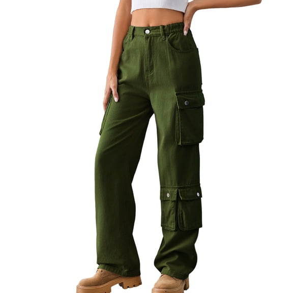 SRZYMJ Wide-Leg Denim Jeans Women Women's Denim Cargo Pants with Wash and Functional Pocket Design for Everyday
