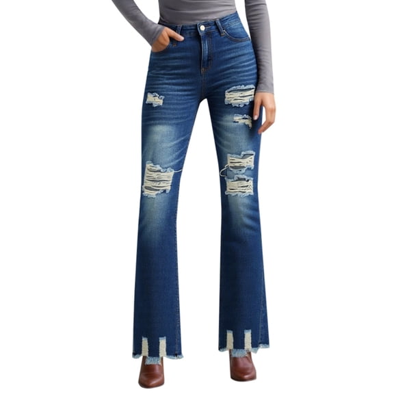 SRZYMJ Wide-Leg Denim Jeans Women Women's Stretch Denim Pants with Ripped Hem Detail for Everyday Casual Wear Comfortable Slim