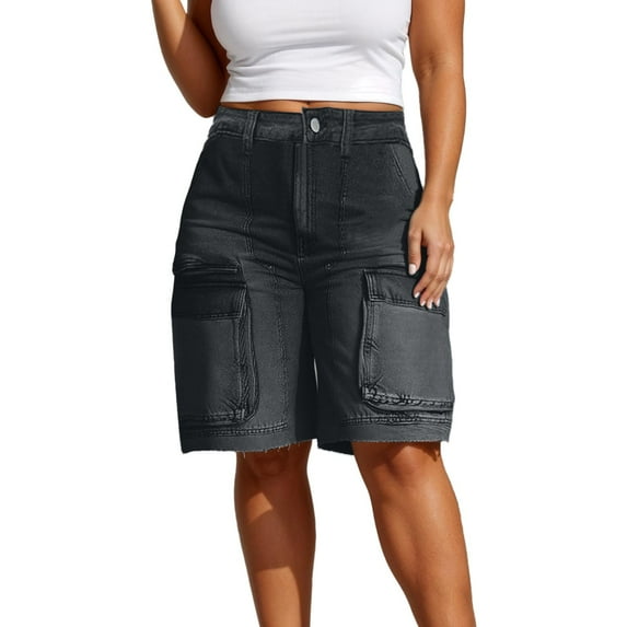 SRZYMJ Wide-Leg Denim Shorts Ladies Women High Waisted Straight Leg Denim Cargo Shorts Casual Summer Jorts with Multiple Pockets Comfort Stretch Fabric