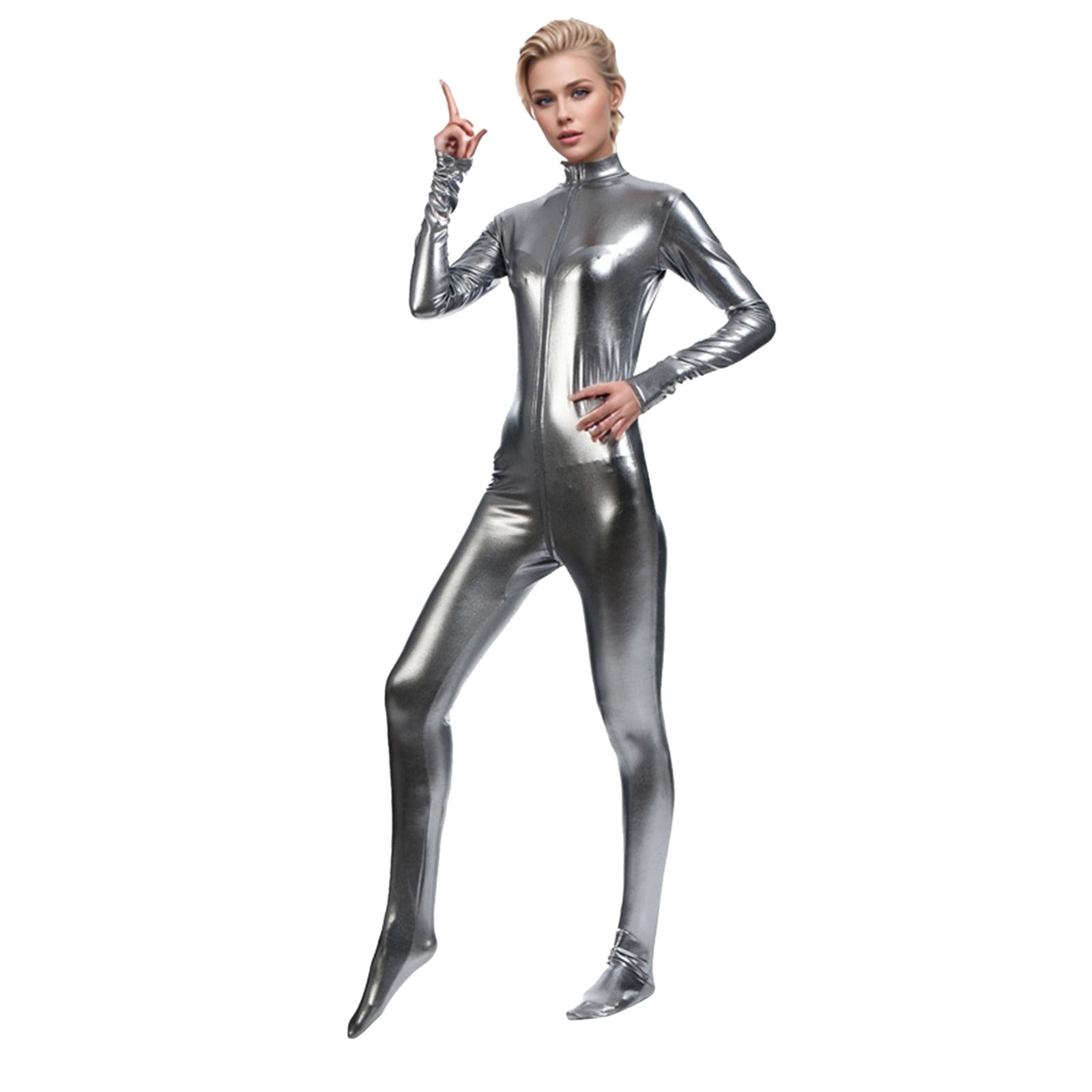SRZYMJ Women Catsuit Zipper Front Stretch Shiny Romper Suit One Piece Sexy Bodysuit Metallic Jumpsuit Clubwear