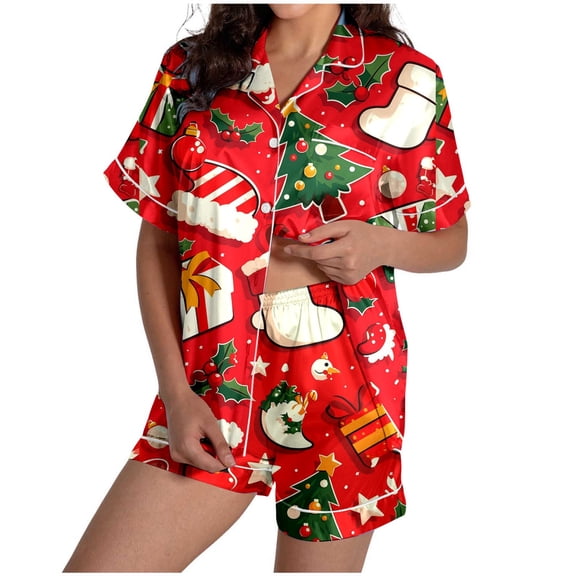 SRZYMJ Women Christmas Lounge Set Satin Graphic Print 2 Piece Pajamas Set Short Sleeve Button Down Shirt Pj Shorts Sleepwear