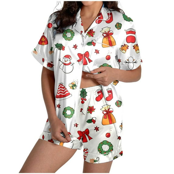 SRZYMJ Women Christmas Lounge Set Satin Graphic Print 2 Piece Pajamas Set Short Sleeve Button Down Shirt Pj Shorts Sleepwear