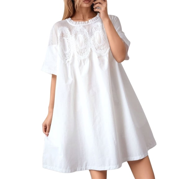 SRZYMJ Women Crochet Lace Mini Dress Round Neck Short Sleeve Sheer Mesh Clothing Casual Outfits with Lace Back Design