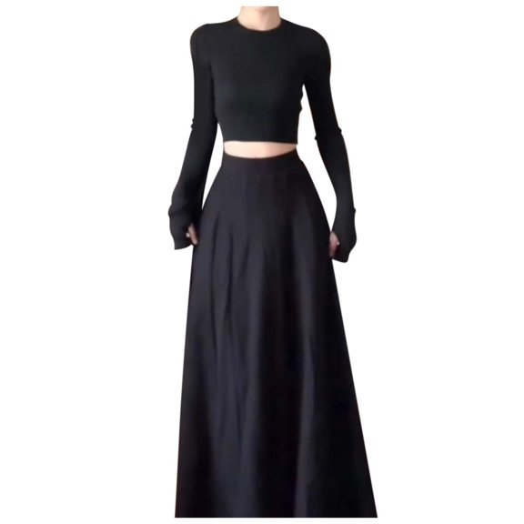 SRZYMJ Women Fall Spring 2 Piece Outfits Dressy Casual Ribbed Knit Long Sleeve Crop Top Maxi Flowy Skirts Matching Sets