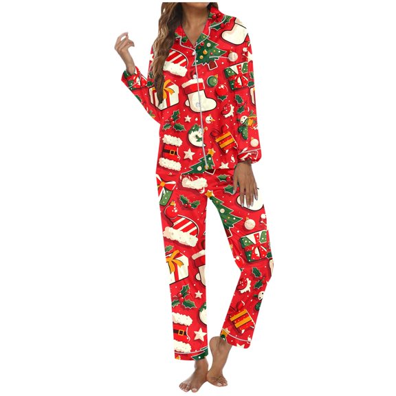 SRZYMJ Women Flannel Pajama Set Long Sleeve Lapel Top and Pants Soft Print Sleepwear Comfortable Sleepwear for Women Holiday Family Nightwear
