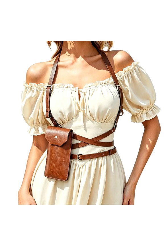 Women PU Leather Waist Harness Belt Adjustable Rivet Chain Gothic Retro Cosplay Waist Strap with Leg Rings Renaissance Accessory One Size