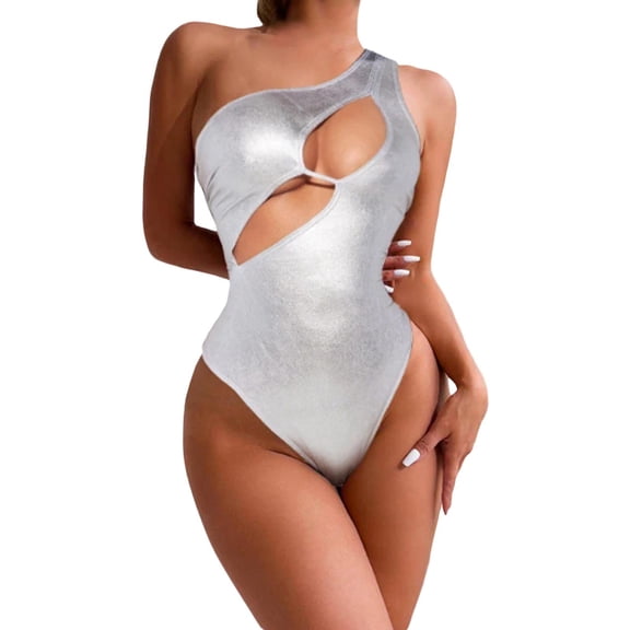 SRZYMJ Women Shiny Metallic Bodysuit Cut Out Front Jumpsuit Thong Leotard Tops Clubwear