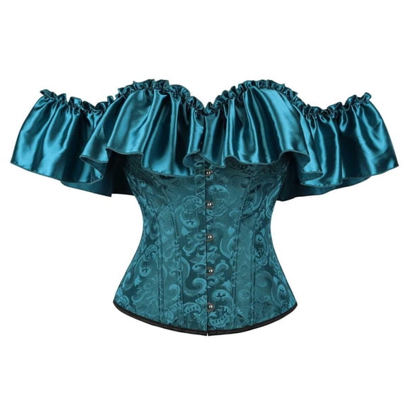 SRZYMJ Women Off Shoulder Satin Ruffle Corset Top Red Damask Jacquard Front Hook Bustier Lace Up Back Gothic Victorian Waist Cincher for Halloween Cosplay Party L