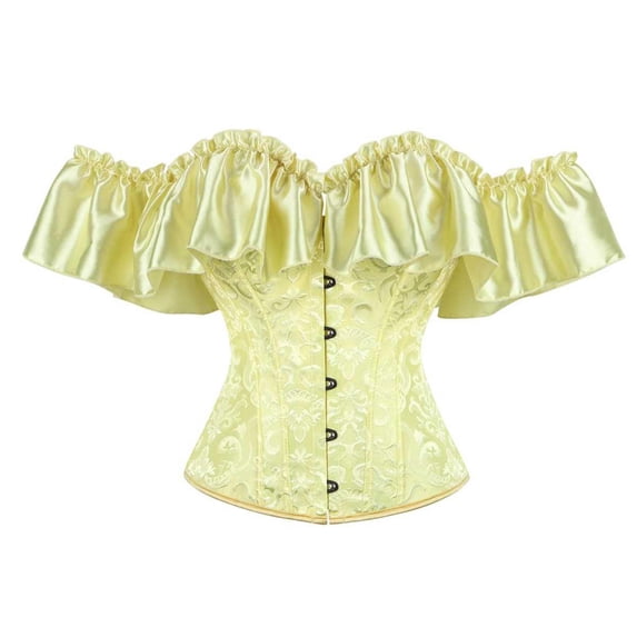 SRZYMJ Women Off Shoulder Satin Ruffle Corset Top Red Damask Jacquard Front Hook Bustier Lace Up Back Gothic Victorian Waist Cincher for Halloween Cosplay Party XS