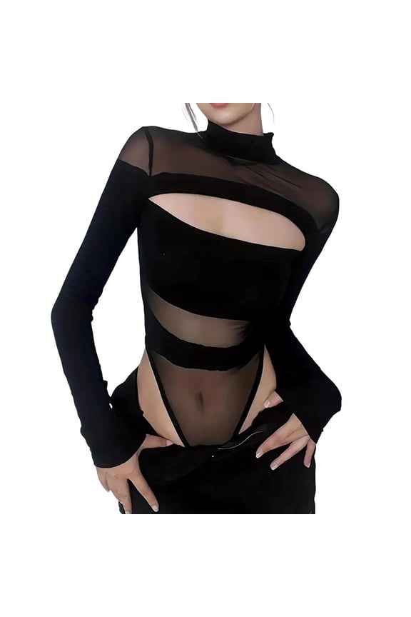 Women Streetwear Hollow Out Outfits Long Sleeve Cutout Bodysuit Rave Outfit Jumpsuit