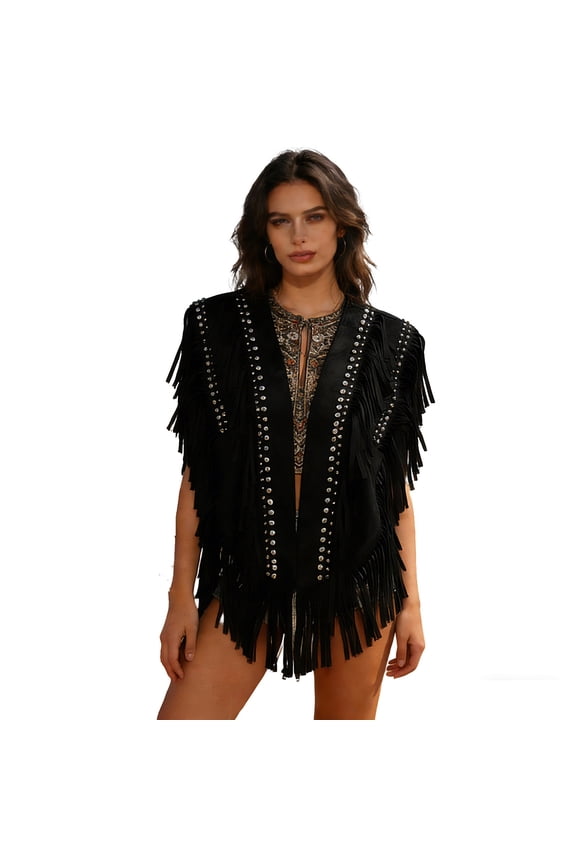 Women Studded Fringe Vest Suede Collar Open Front Wrap with Tassels Shawl Fringe Poncho Western Outfits