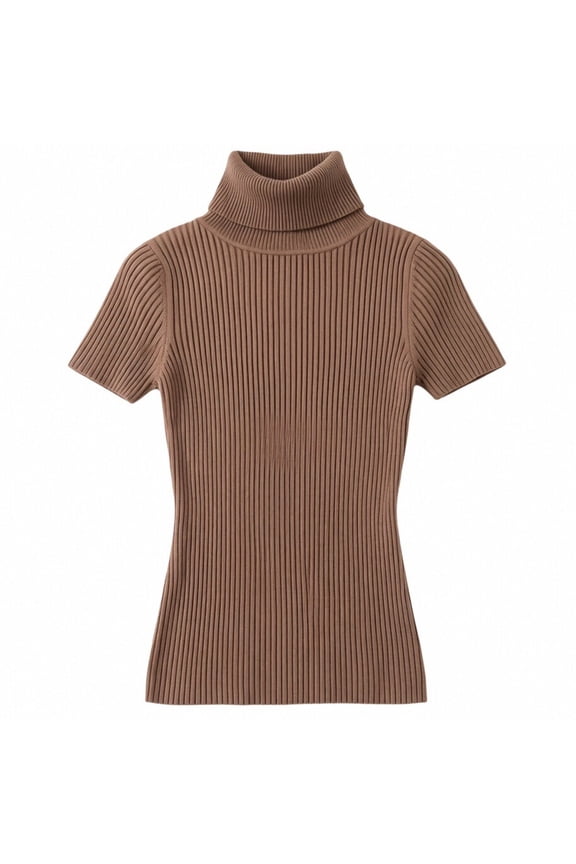 Women Turtleneck Shorts Sleeve Tops Highly Stretchy Ribbed Knit Fitted Sweater Tops