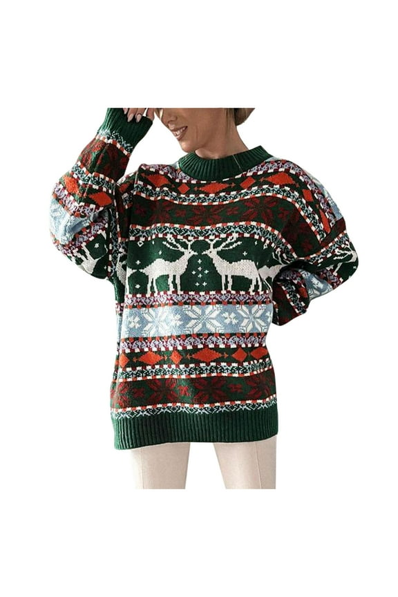Women Christmas Sweater Funny Snowflake Reindeer Pattern Long Sleeve Knitted Loose Pullover