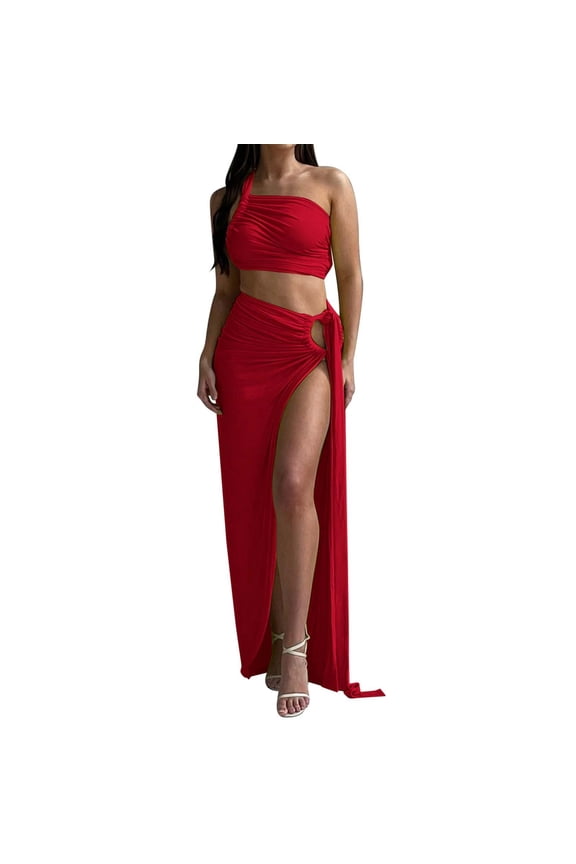 Women's 2 Piece Dress Sexy Strapless Crop Top High Slit Skirt Bodycon Maxi Long Skirt Suit Night Out Dress Sets