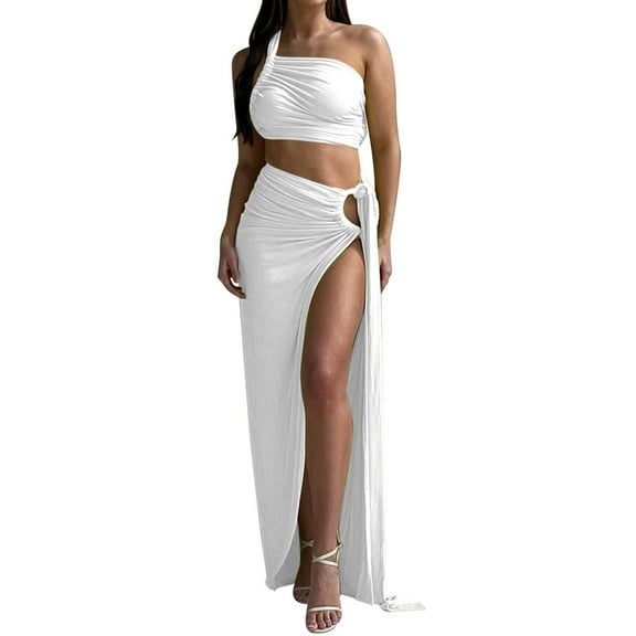 SRZYMJ Women's 2 Piece Dress Sexy Strapless Crop Top High Slit Skirt Bodycon Maxi Long Skirt Suit Night Out Dress Sets