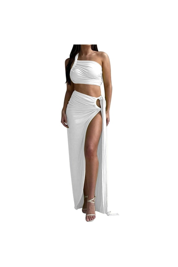 Women's 2 Piece Dress Sexy Strapless Crop Top High Slit Skirt Bodycon Maxi Long Skirt Suit Night Out Dress Sets