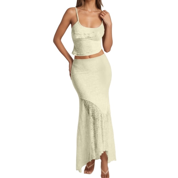 SRZYMJ Women's 2 Piece Outfits Ruffle Trim Cami Crop Top and Low Rise Maxi Skirt Set