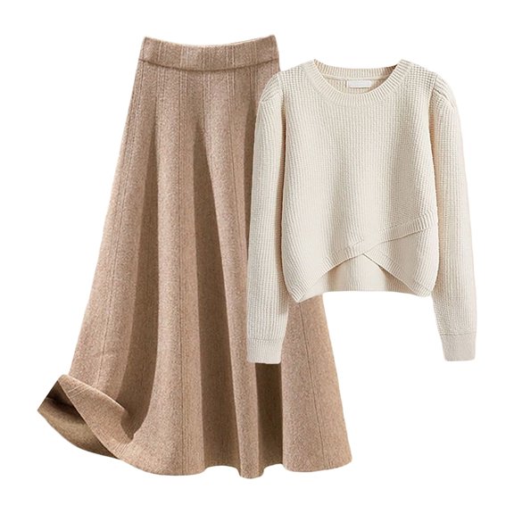 SRZYMJ Women's 2 Piece Sweater Outfits Set Long Sleeve Crop Top Ribbed Split Bodycon Midi Long Skirt Knit Dresses
