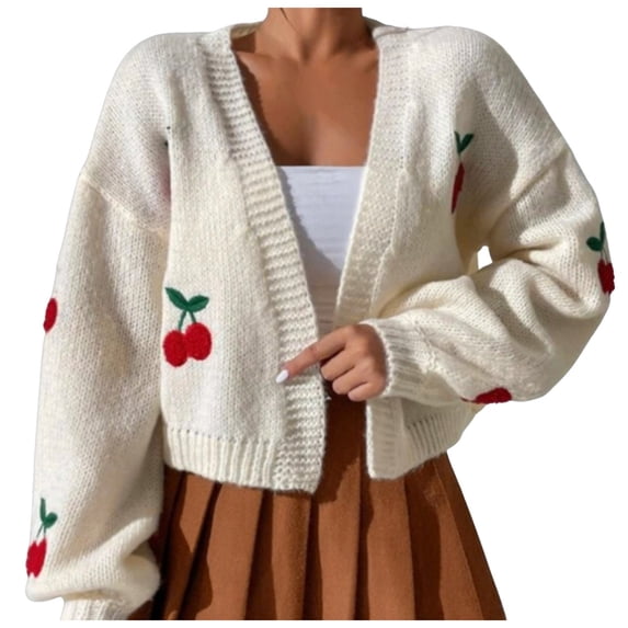 SRZYMJ Women's Cherry Cropped Cardigan Sweaters Open Front Long Sleeve Cute Knit Short Cardigan Trendy