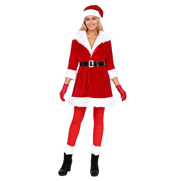 ladies red santa dress Womens Christmas Costume Santa Hooded Cloak Skater Swing Dress Fancy Party Dress (Red,S)