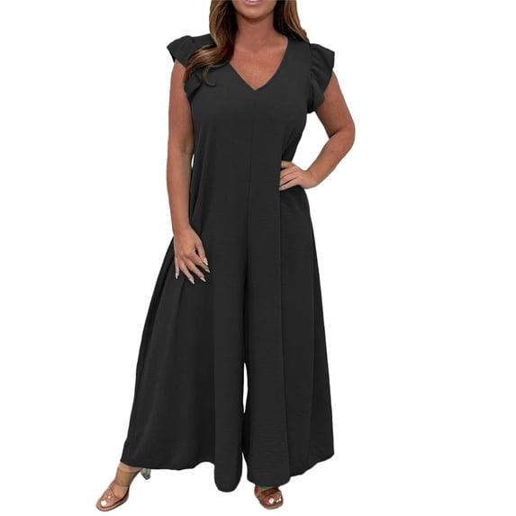 SRZYMJ Women's Jumpsuit with Pockets Stylish Women's Lace Up Front Ruffle Detail Wide Leg Jumpsuit for Everyday Casual Wear Comfortable Flowy Trousers