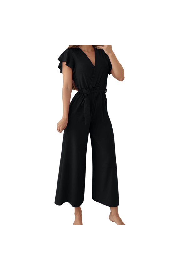 Women's Jumpsuit with Adjustable Waist Stylish Women's V Neck Belted Waist Long Romper Casual Outfit For Spring Summer Fall Season