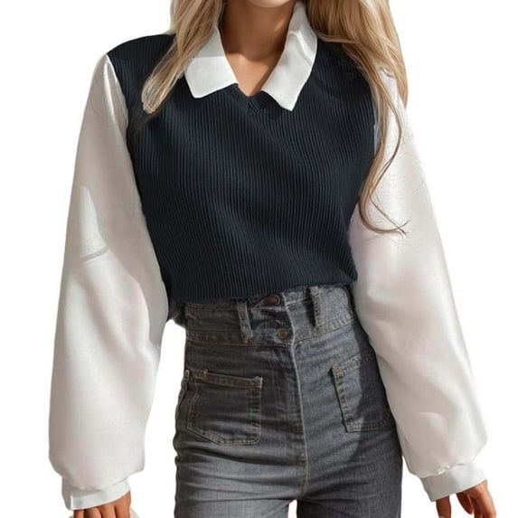 SRZYMJ Women's Long Sleeve Crop Sweatshirts Colorblock 2 in 1 Pullovers