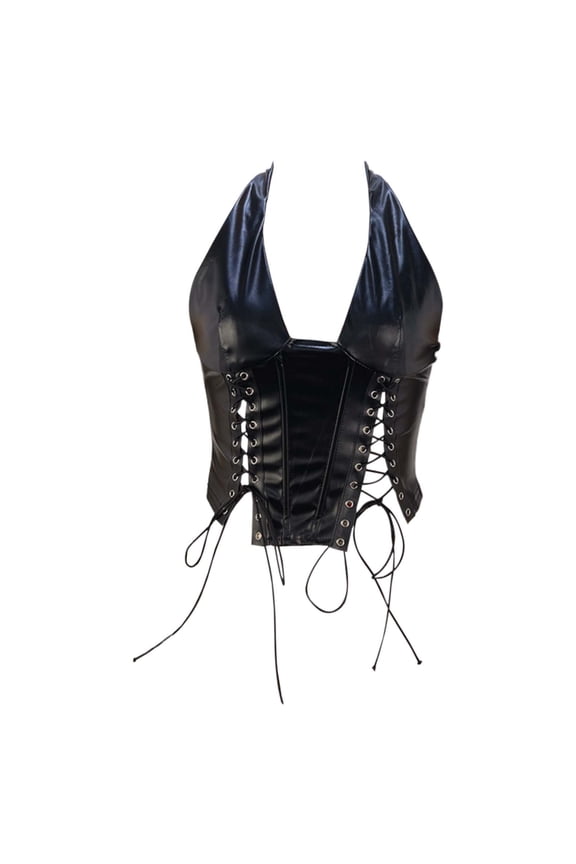 Women's Plus Size Tops PU Leather Deep V Neck Lace Up Backless Sleeveless Summer Crop Tank Top
