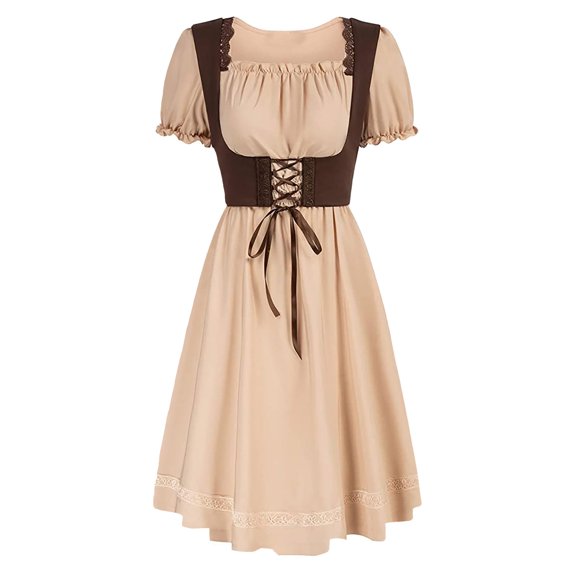 SRZYMJ Women's Renaissance Clothing Short Sleeved Victorian Countryside Waist Tied Dress