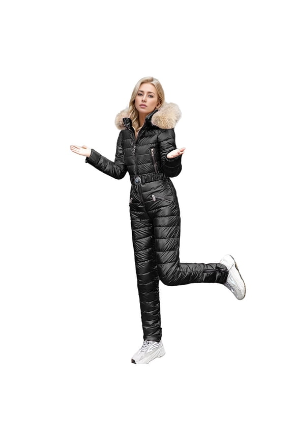 Women's Romper Stylish Winter Thermal Jumpsuit for Women with Large Collar and Padded Insulation Full Body Ski Suit for Cold Weather