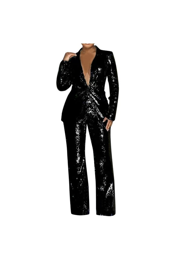 Women's Sequined Fashion Suit Set One Button 2 Piece Wedding Tuxedos Blazer Pants Prom Party Outfit