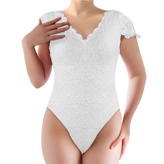 SRZYMJ Women's Short Sleeve Lace Bodysuit Sheer V-Back V Neck Slim Fit Going Out Top Double Lined Thong Body Suit