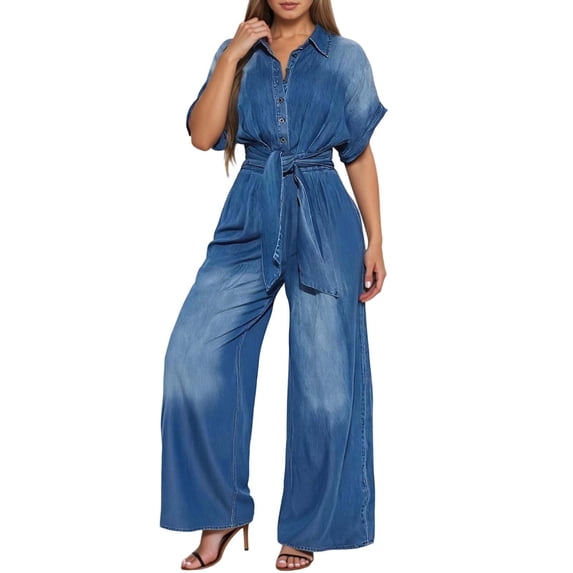 SRZYMJ Women's Slim Fit Jumpsuit Stylish Lapel Button Front Tie Detail Short Sleeve Relaxed Fit Wide Leg Women's Jumpsuit for