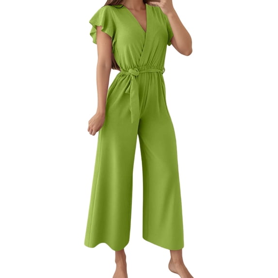 SRZYMJ Women's Slim Fit Jumpsuit Stylish Women's V Neck Belted Waist Long Romper Casual Outfit For Spring Summer Fall Season