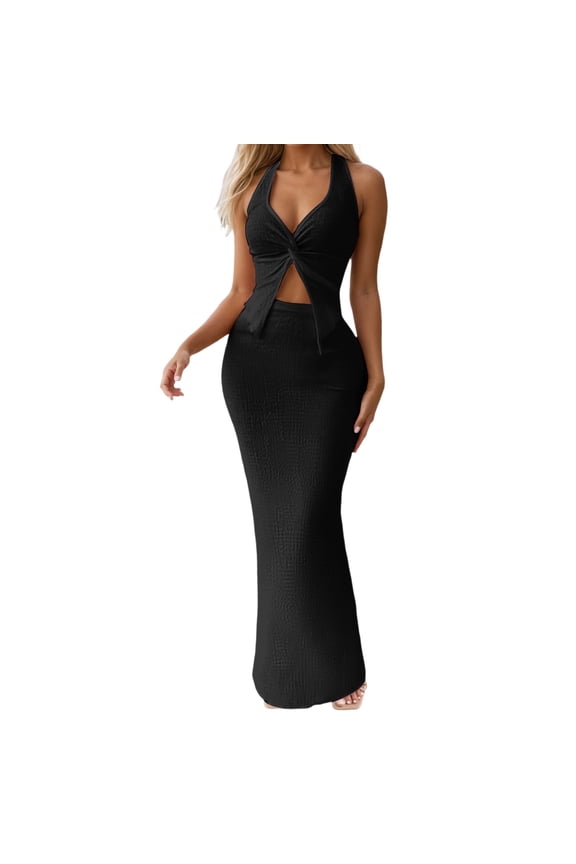 Women's Two Piece Summer Skirt Outfit Set Featuring A Crop Top With Flowy Maxi Length For Casual And Daytime Wear