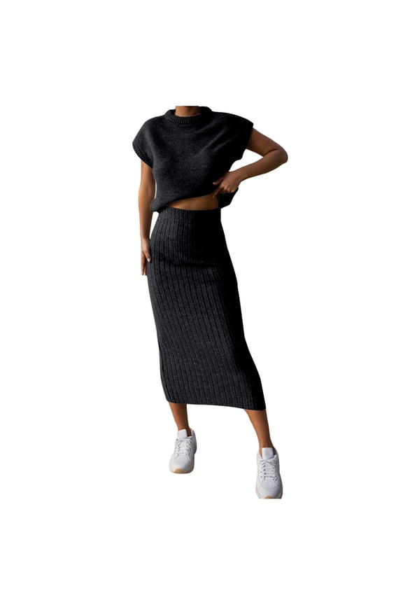 Women's Two Piece Sweater Set Knit Vest Pullover with Bodycon Maxi Skirt Outfit Comfortable Loungewear Casual Elegant Style