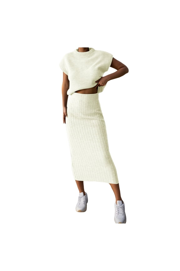 Women's Two Piece Sweater Set Knit Vest Pullover with Bodycon Maxi Skirt Outfit Comfortable Loungewear Casual Elegant Style