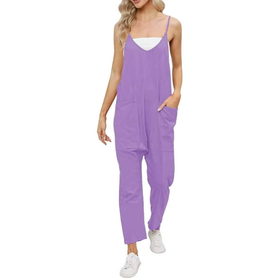 SRZYMJ Women's V Neck Sleeveless Jumpsuits Spaghetti Straps Harem Long Pants Overalls With Pockets