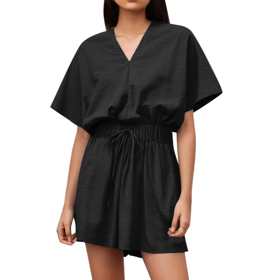SRZYMJ Women's V Neck Summer Dress 3/4 Kimono Sleeve Self Tie Pleated Loose Slit Mini Casual Dress