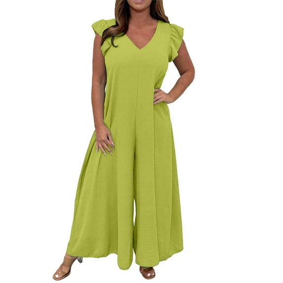 SRZYMJ Women's Wide Leg Jumpsuit Stylish Women's Lace Up Front Ruffle Detail Wide Leg Jumpsuit for Everyday Casual Wear Comfortable Flowy Trousers with