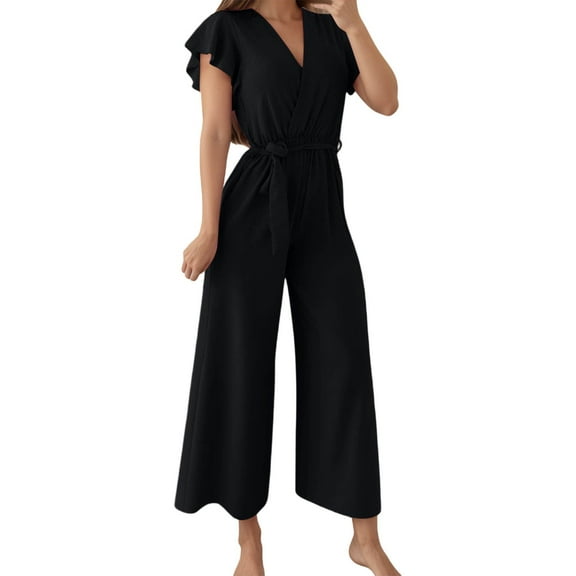 SRZYMJ Women's Wide Leg Jumpsuit Stylish Women's V Neck Belted Waist Long Romper Casual Outfit For Spring Summer Fall Season